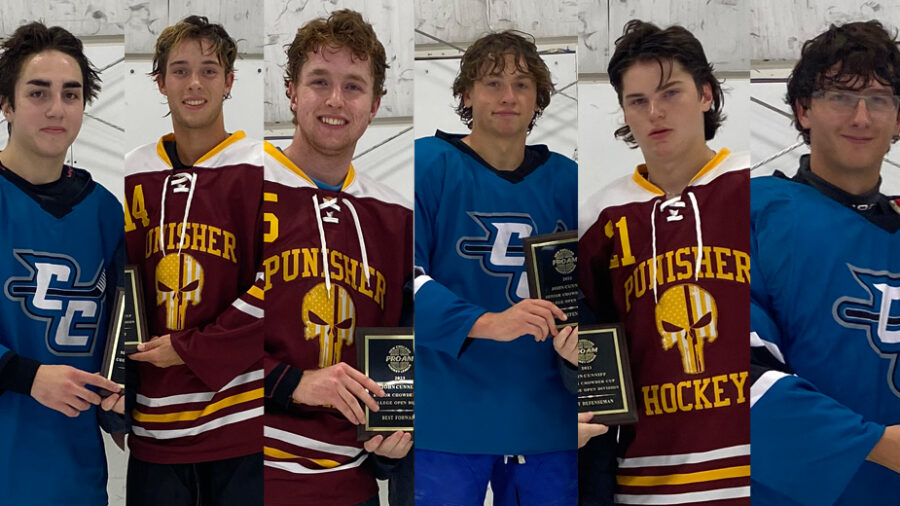 2023 Chowder Cup College Open All-Tournament Team: John Doucette (F), Ryan O’Leary (F), Dylan McDougall (F), Jacob Reese (D), Jeremy Poirier (D) and Colin Logan (G)